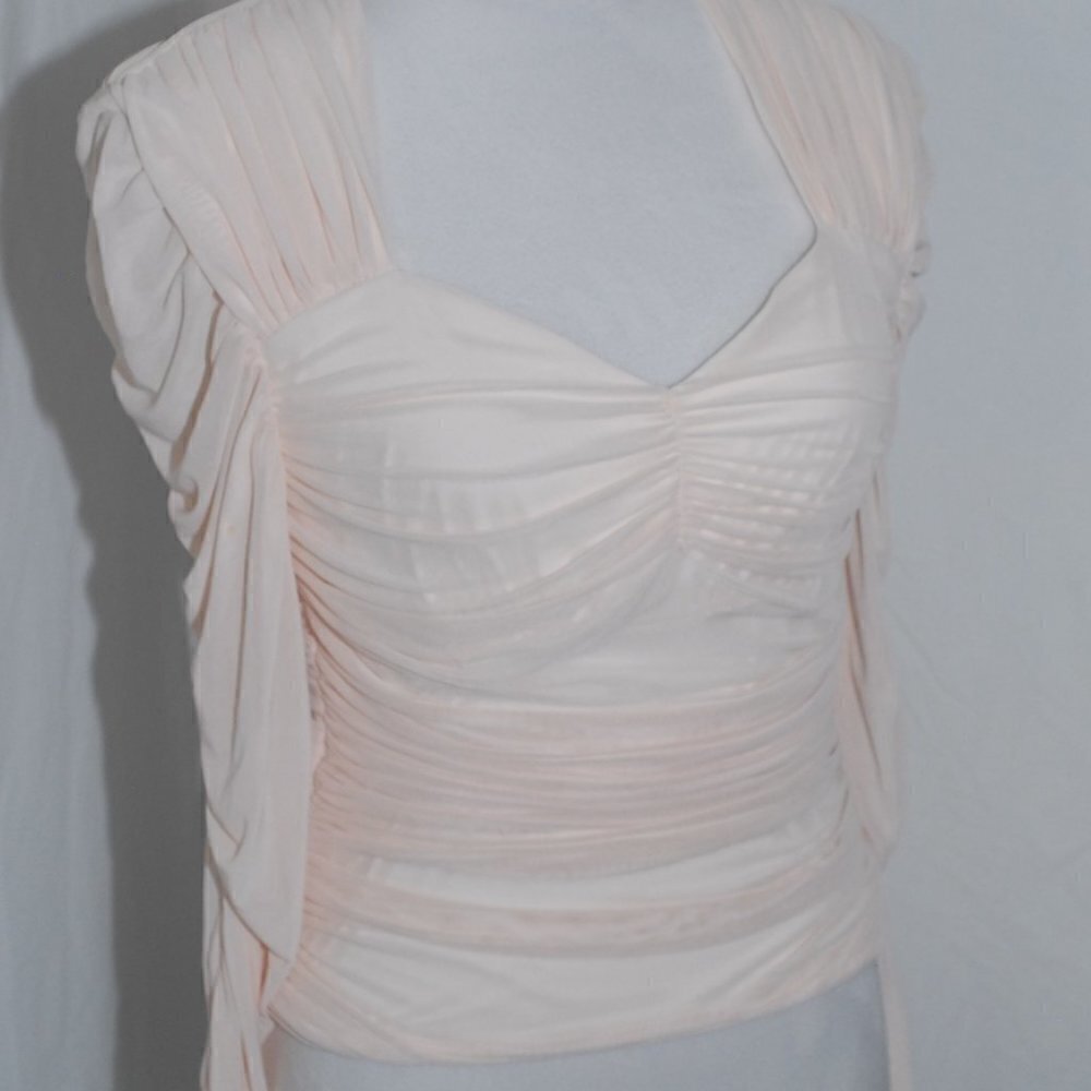Entro Womens Medium Shirt Cream Bodycon Peekaboo Sleeves Mini Mesh Scrunchy Desi